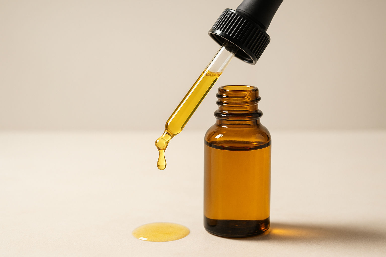 A photorealistic shot capturing a bottle of Vitamin A oil supplement with a dropper, highlighting its use for skincare, showing the golden liquid inside the bottle and the texture of the oil on the dropper, placed against a clean, minimalist background to emphasize the product and its potential benefits for healthy skin and overall wellness.