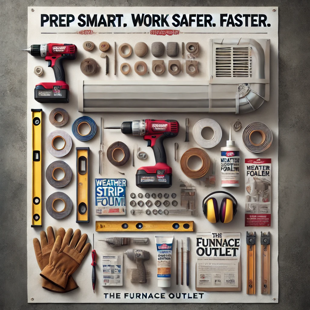 Neatly arranged HVAC tools and safety gear on a tarp, featuring weather-stripping, gloves, and drill—branded with “Prep Smart. Work Safer. Faster.” and The Furnace Outlet logo.