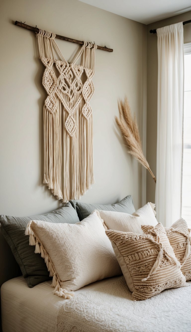 A cozy guest bedroom with boho macrame wall art, soft lighting, and natural textures