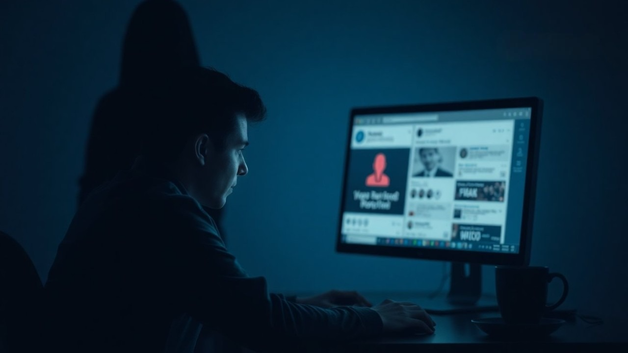 A man in front of a computer, with a hooded figure standing ominously behind him, suggesting online danger or catfishing