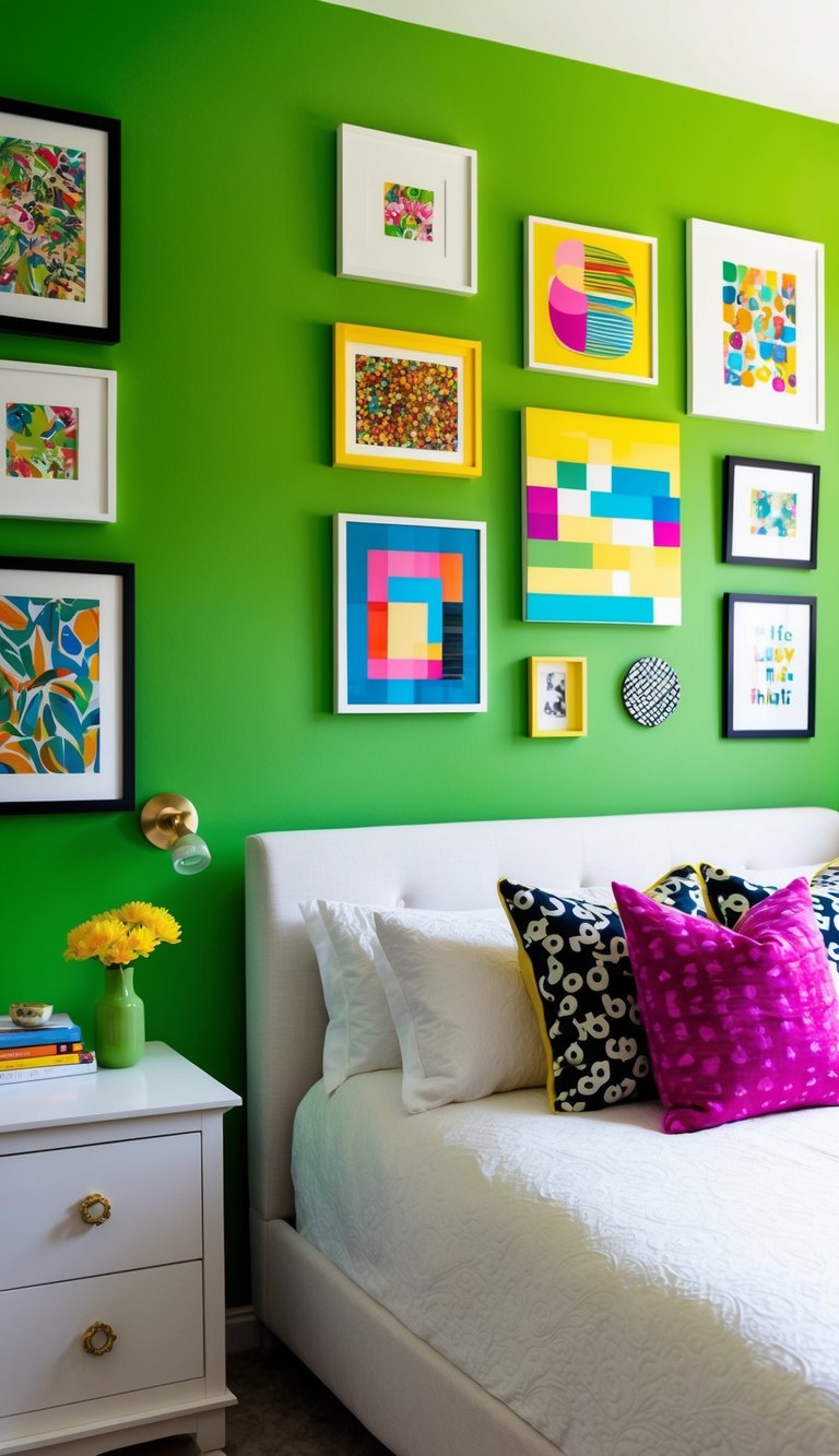 A bright green wall adorned with various art pieces, creating a vibrant and lively atmosphere in a bedroom