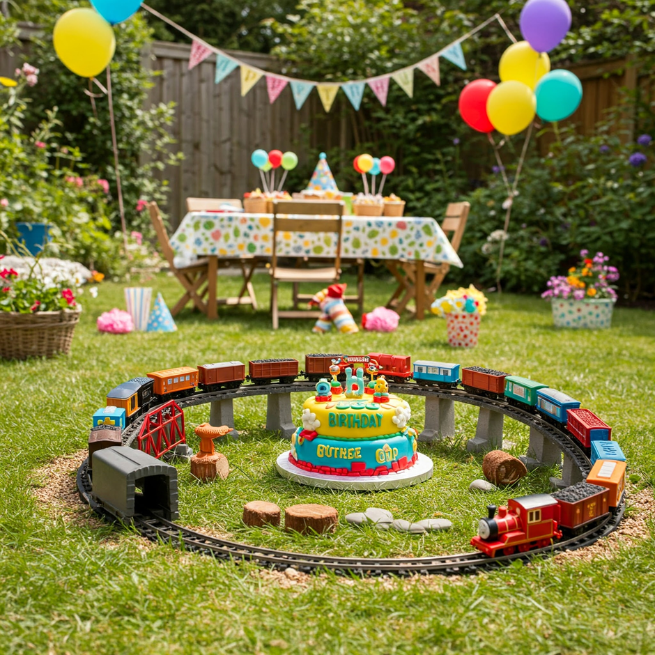 Kids' birthday party with a cake centred to the toy train track.