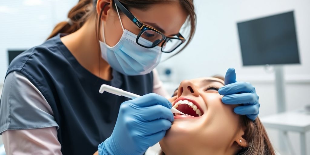 Dental hygienist cleaning teeth in a modern clinic.