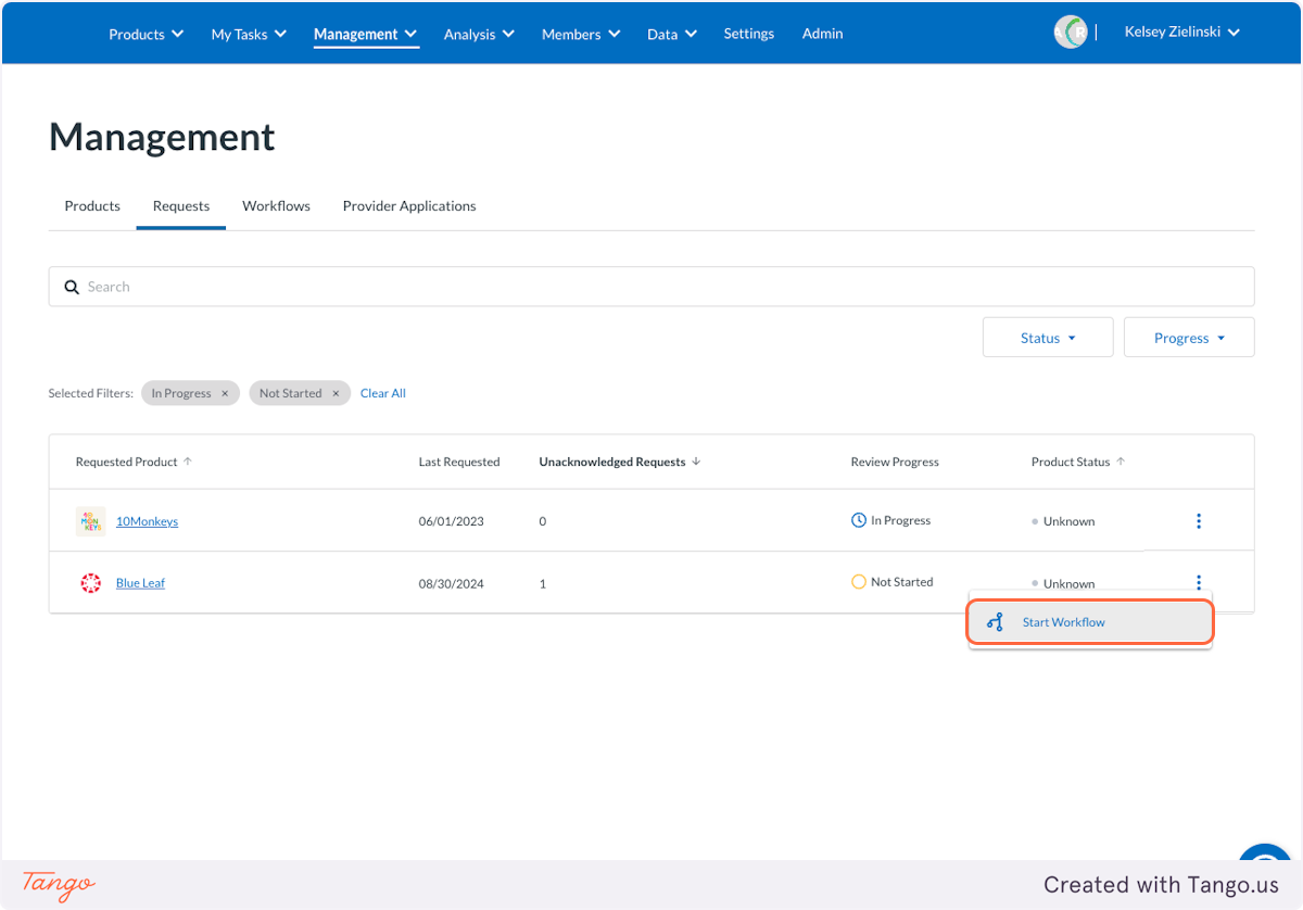 From the Requests tab I can now kick off workflows for the custom product.
          
          Click on the 3-dot kebab for the request that you just created a custom product for -  your custom product logo should appear with the request.