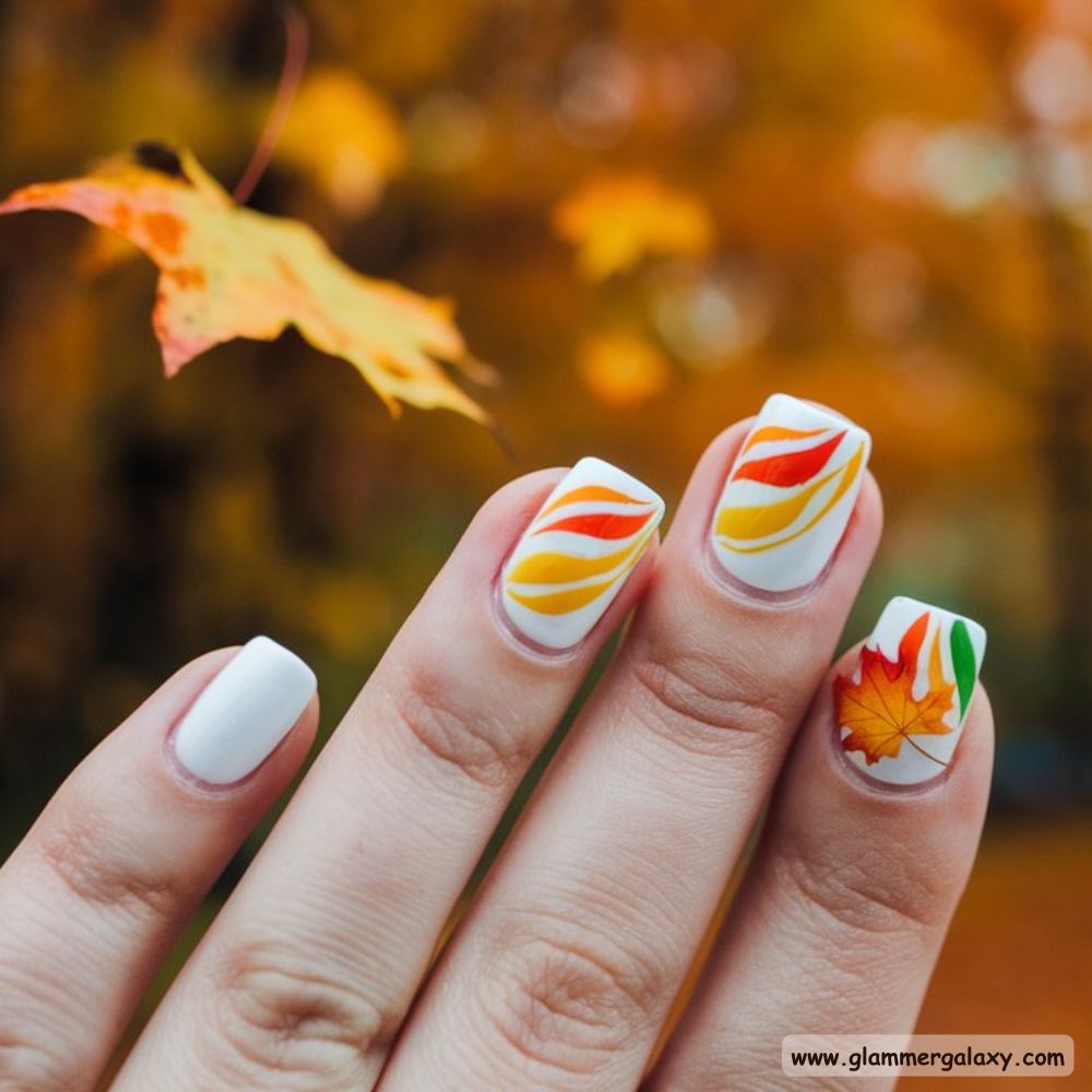 White Fall Nails having Dynamic Abstract Swirls
