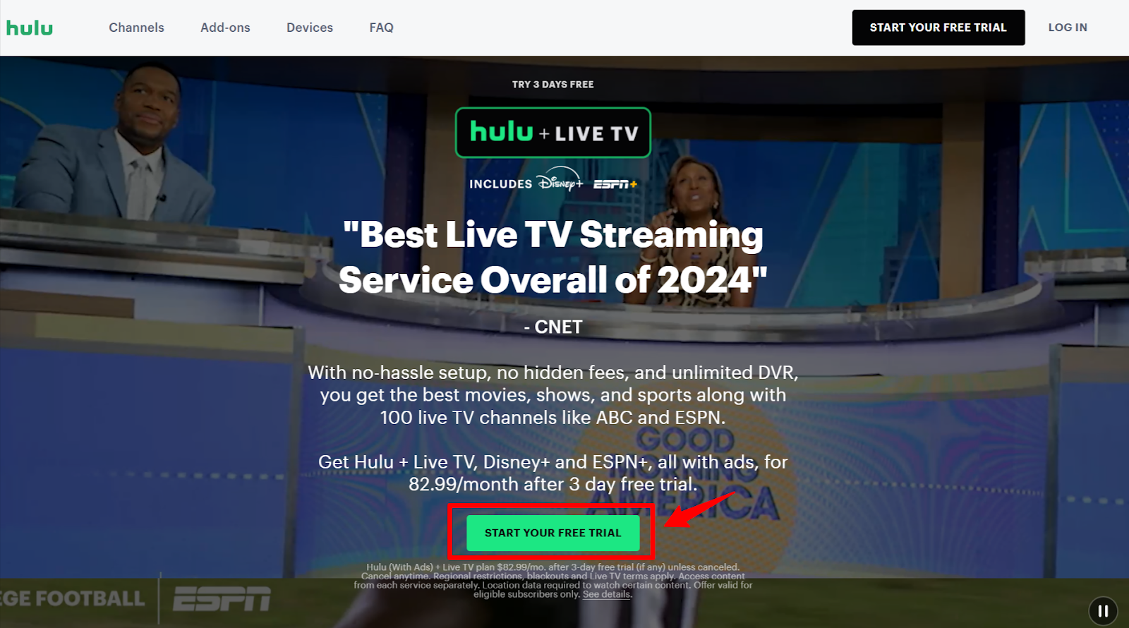 Hulu Live TV homepage featuring a promotional banner. Text highlights it as the "Best Live TV Streaming Service of 2024" by CNET, with a green button prompting to start a free trial.