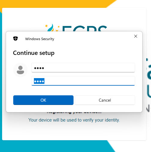 A screenshot of Window Security PIN setup login screen