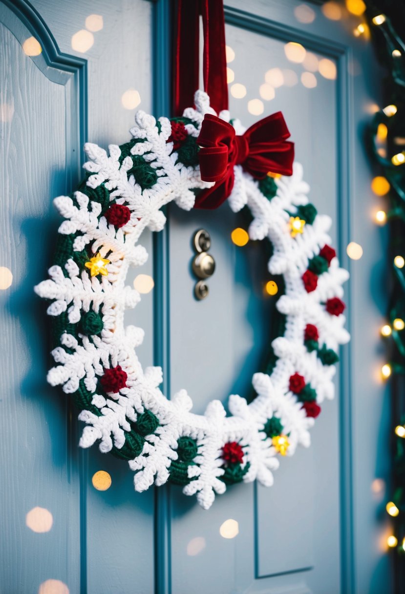 A festive crochet snowflake wreath hanging on a front door, surrounded by twinkling Christmas lights and glistening snowflakes