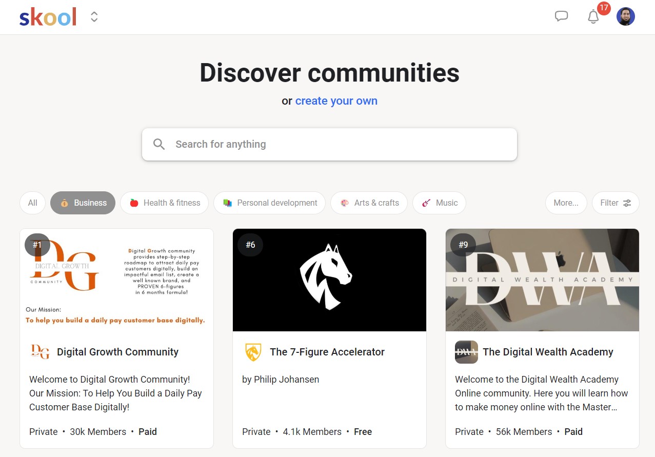 Skool home page: Discover communities or create your own - search bar and images to click on other community examples at bottom