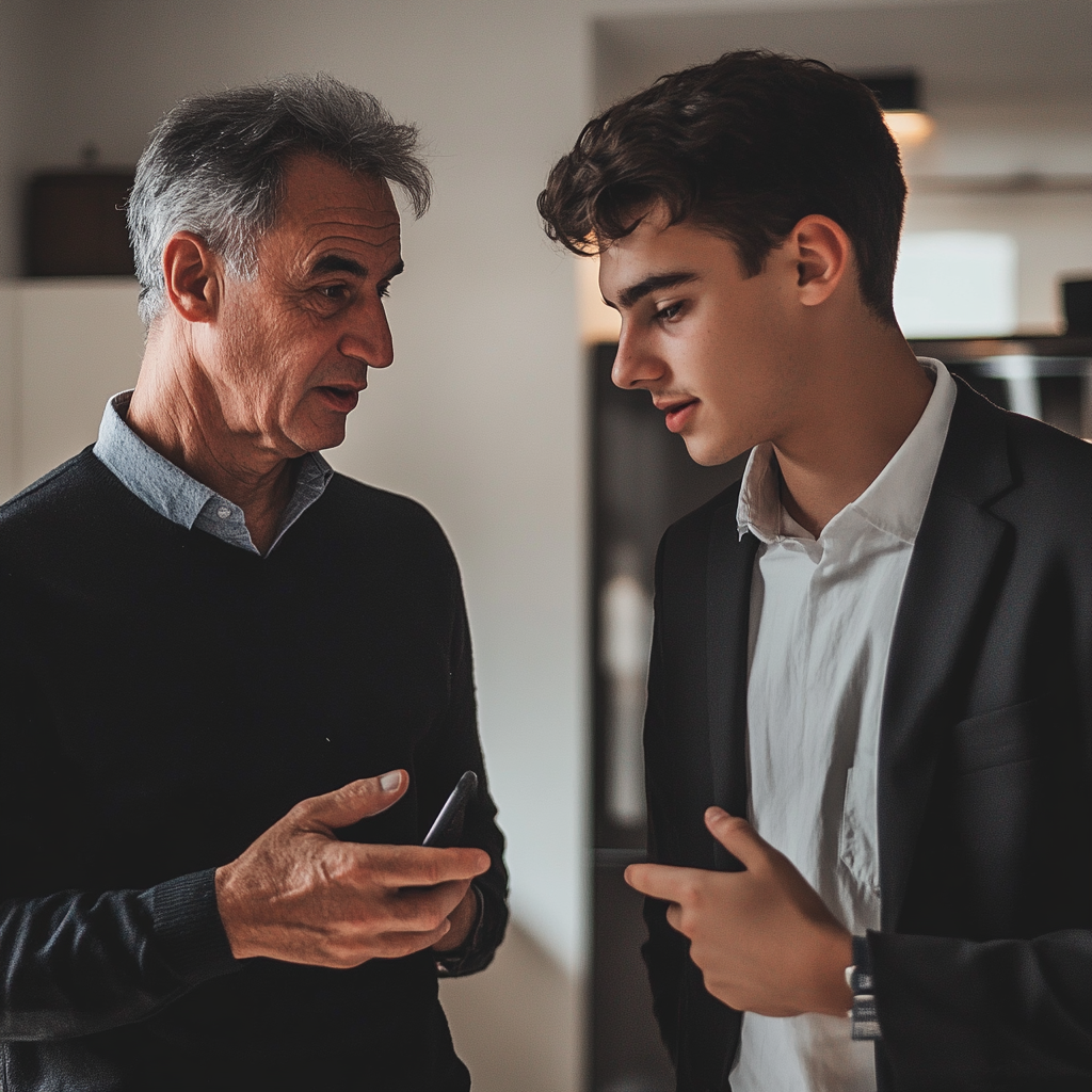 A serious man talking to his son | Source: Midjourney