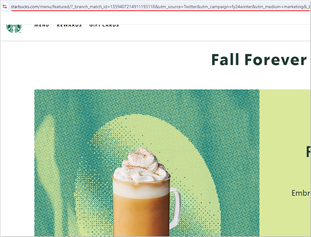 Starbucks landing page with a confusing and long url