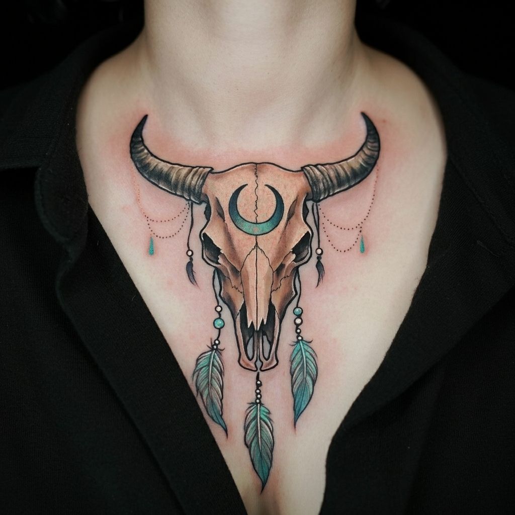 Cow Skull Tattoo on chest