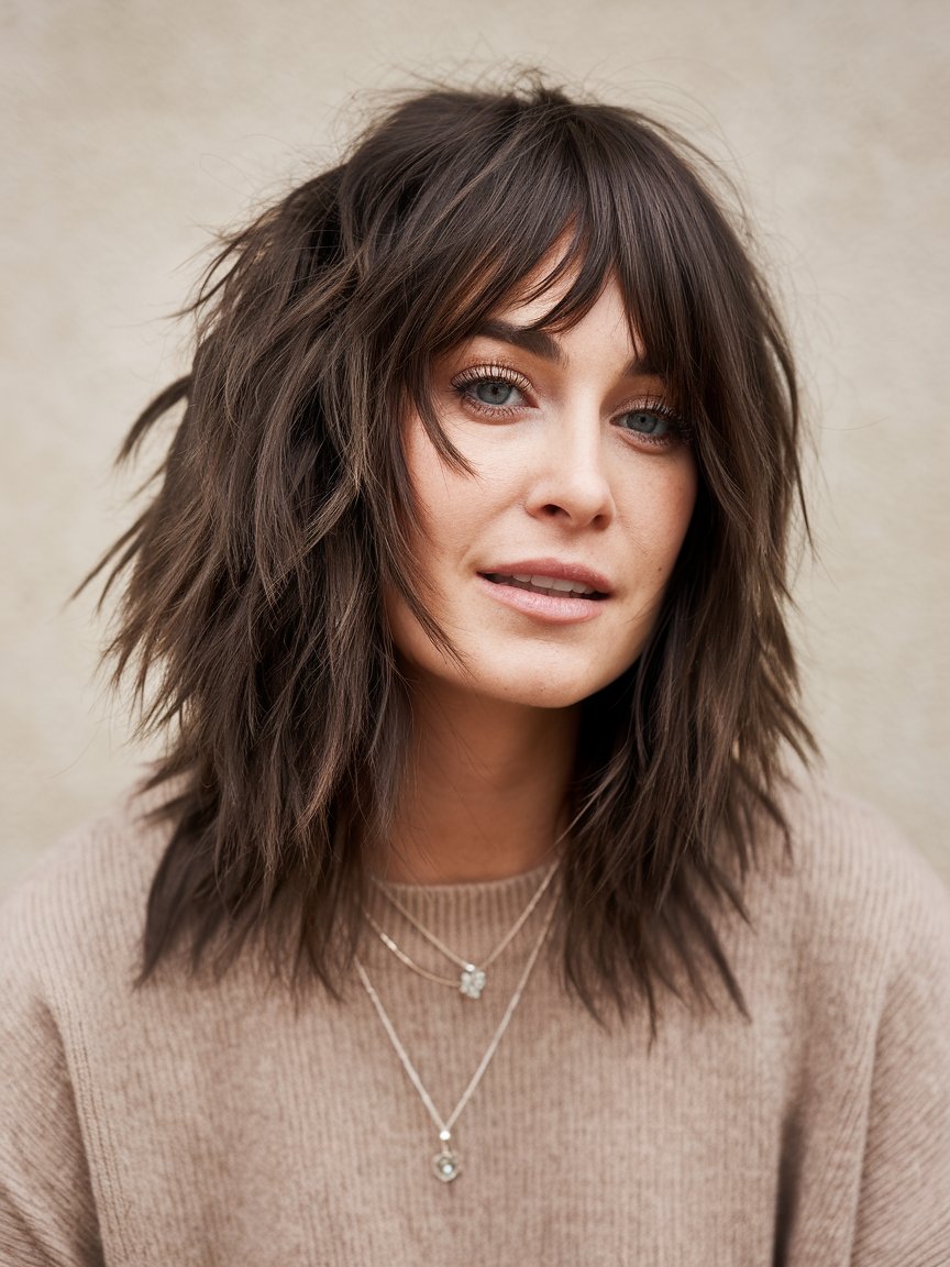 2. Tapered Shag with Textured Choppy Bangs