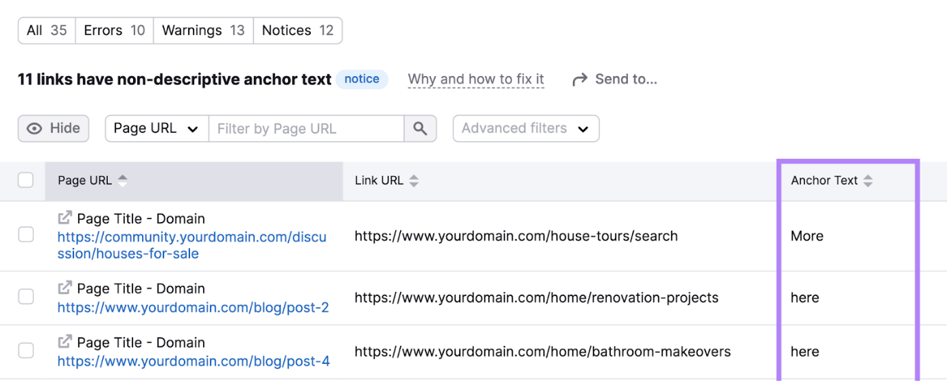 list of non-descriptive anchor text issues with anchor text column highlighted