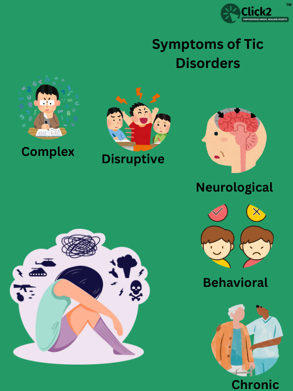 Infographic illustrating complex, disruptive, neurological, behavioral, and chronic symptoms of Tic Disorders.