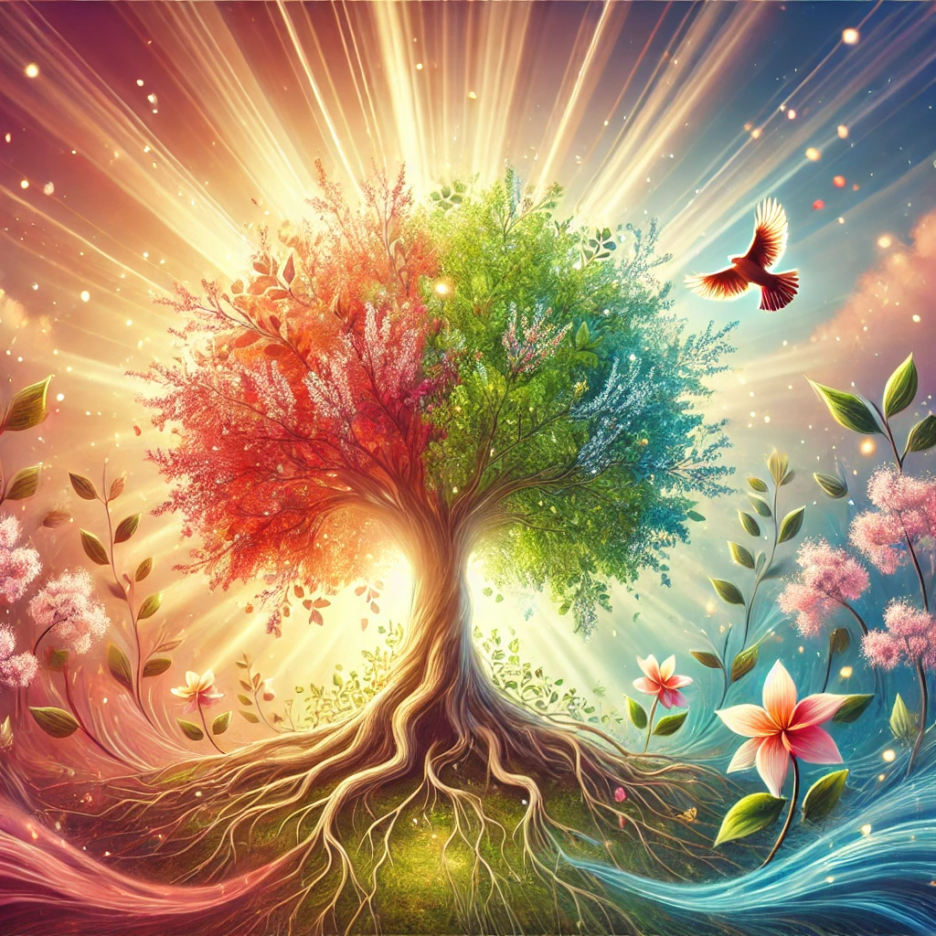 A symbolic image of a flourishing tree with vibrant leaves, surrounded by radiant beams of light and blooming flowers, symbolizing growth, vitality, and stability. The tree's visible roots represent strength gained through gratitude, while birds soar around it, symbolizing freedom and joy. Soft rays of light from the sky create a peaceful atmosphere, evoking a sense of thriving, abundance, and fulfillment through gratitude.