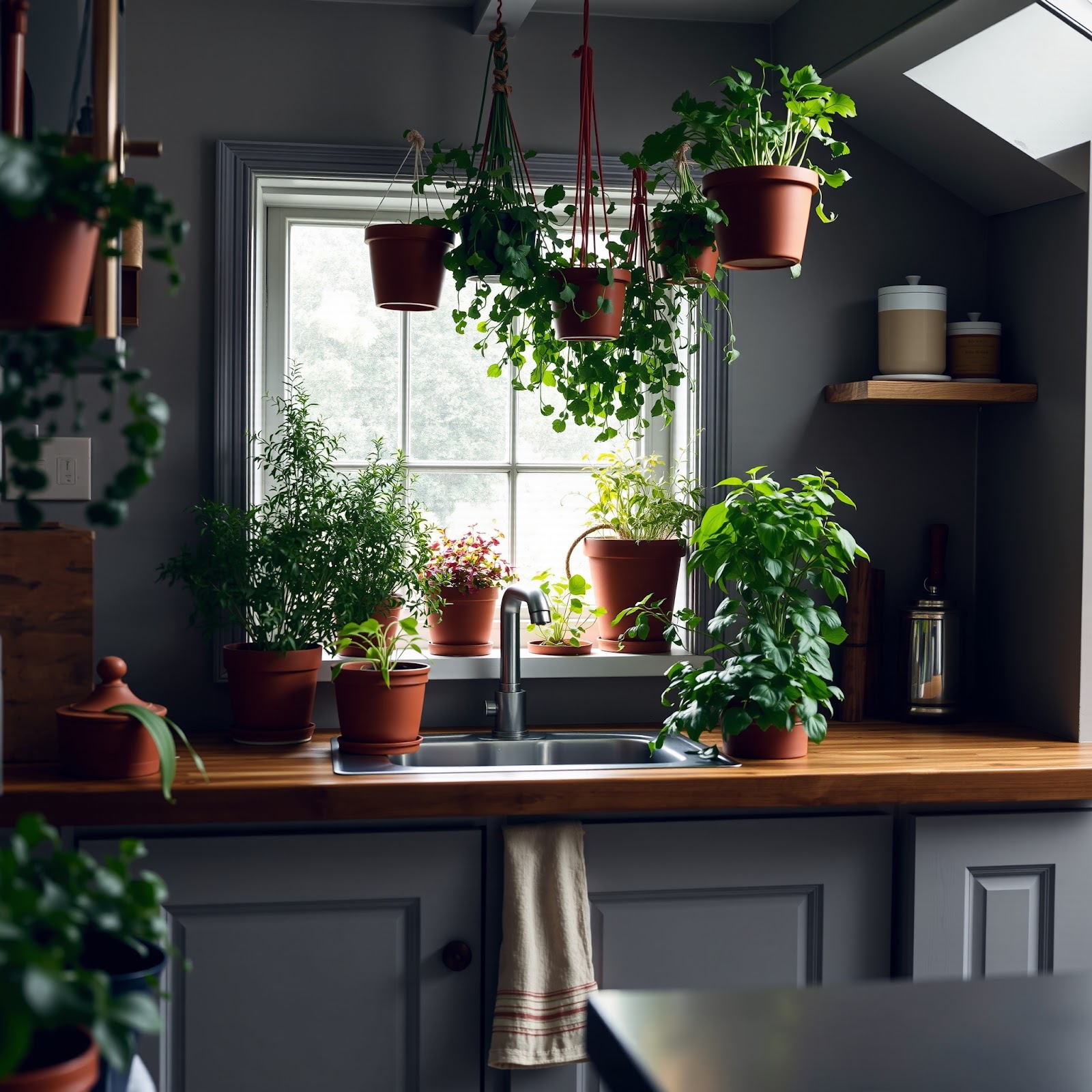 Cottage kitchen with indoor plants