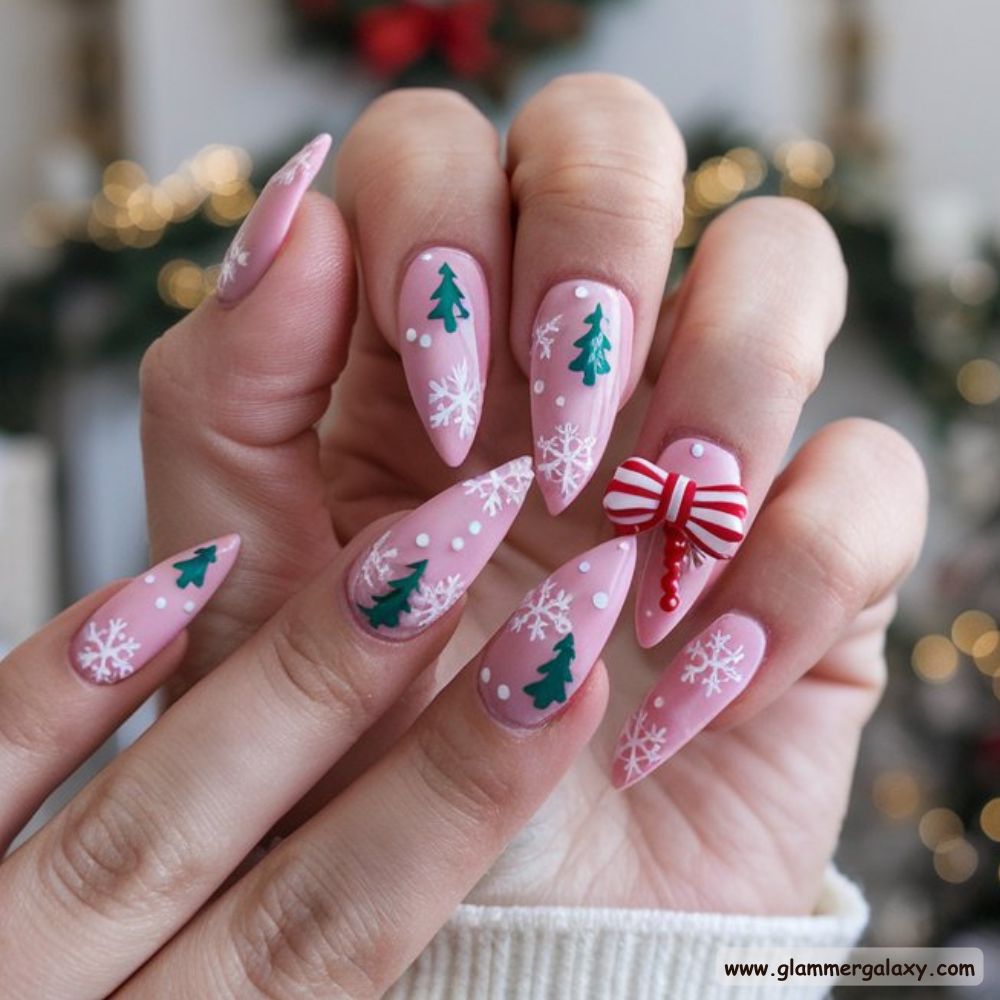 Pink Christmas Nails having Stiletto Pink Christmas Nails
