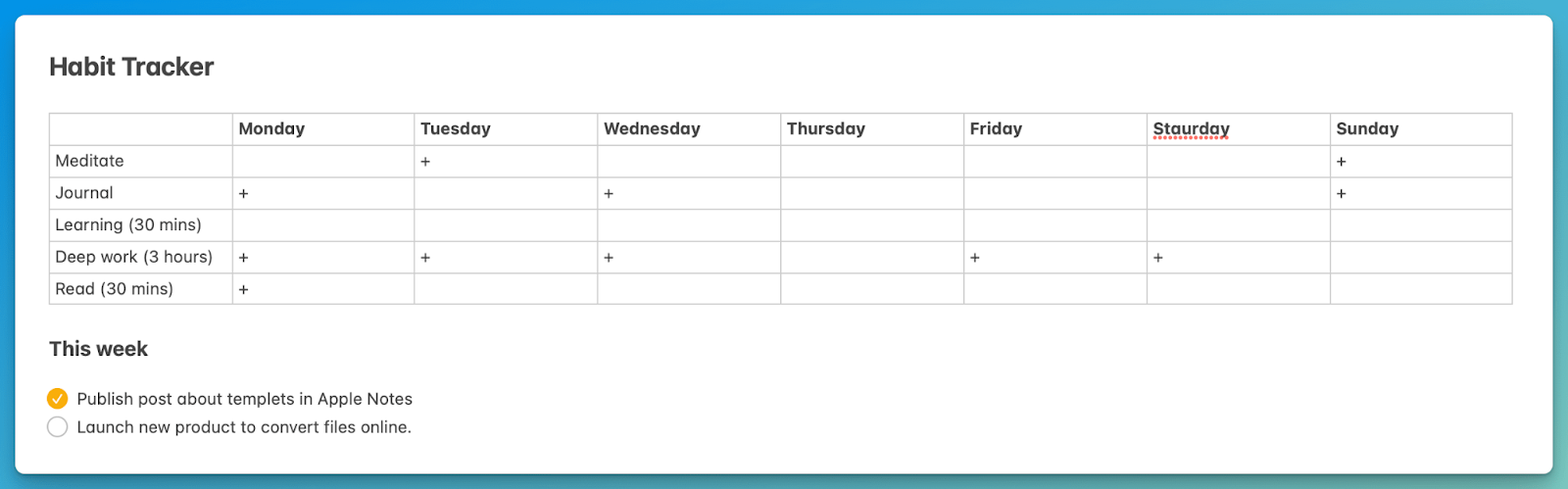 Apple Notes Templates: Habit Tracker Template by Alto