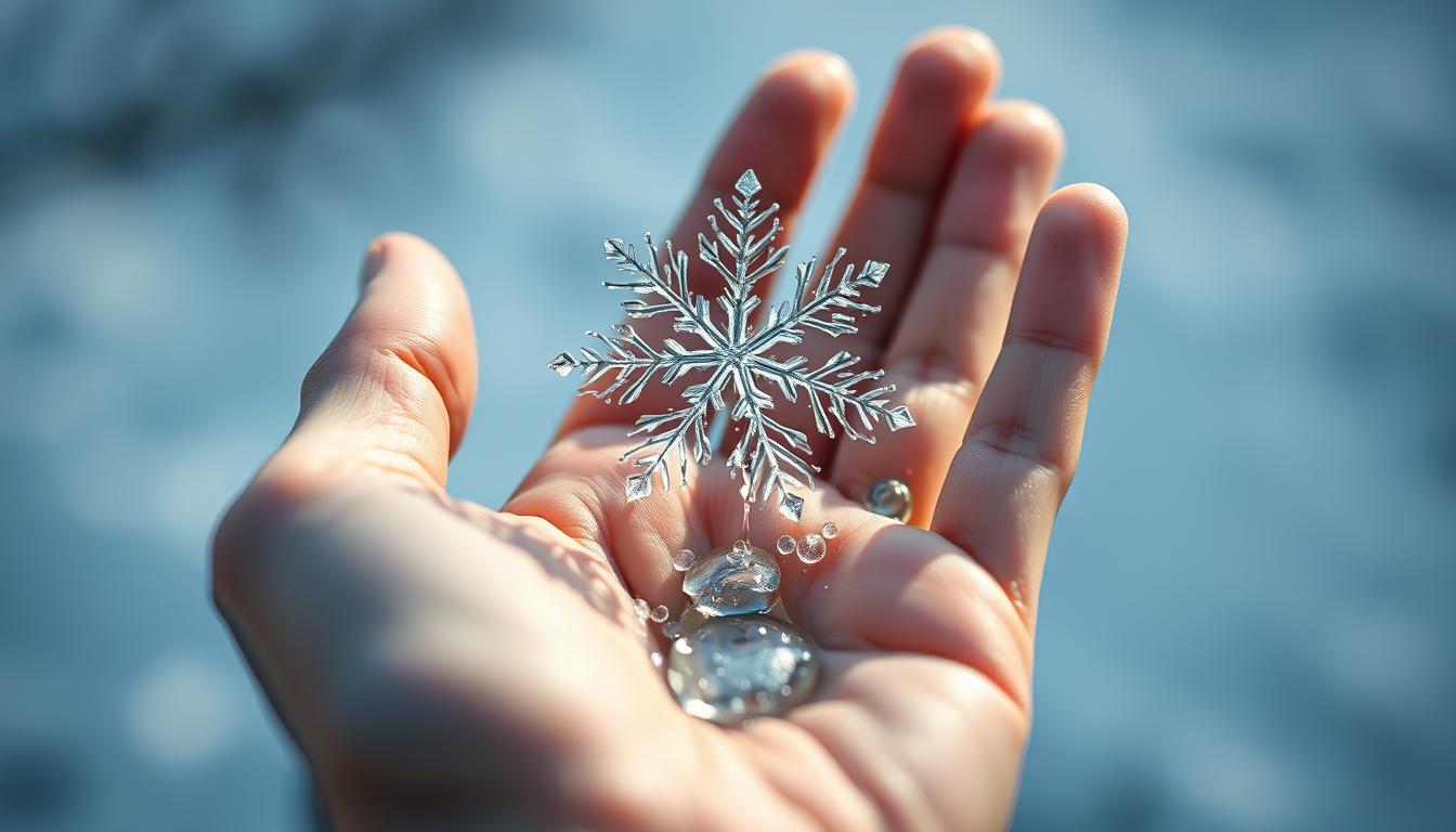 A snowflake melting in the palm of a hand, symbolizing the release of worries and fears.