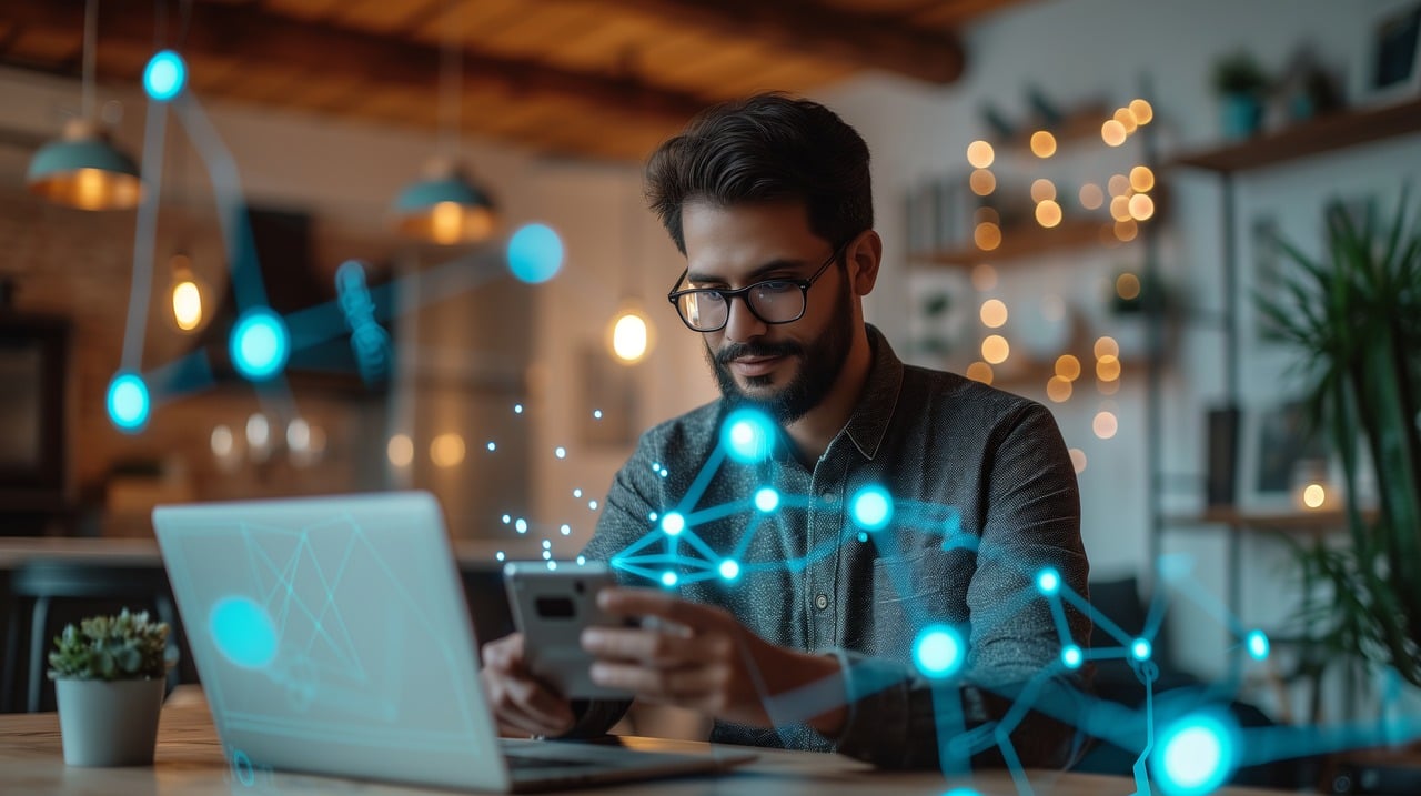 man in front of laptop pressing a phone