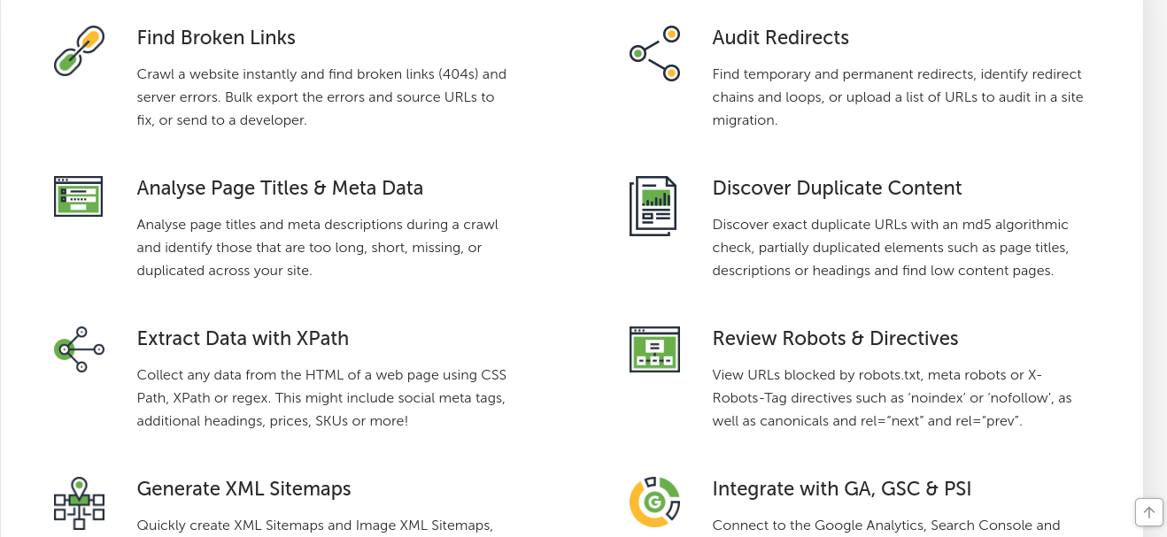 Screaming Frog SEO Spider features