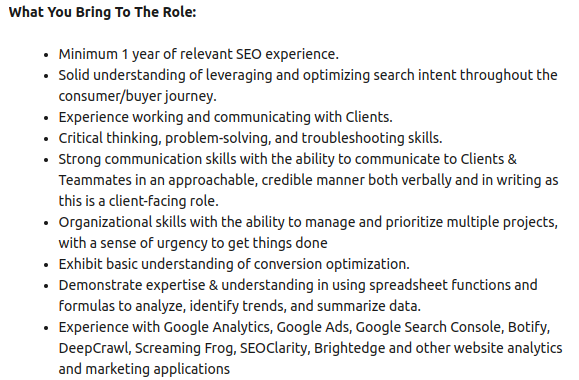 Alt: Job requirements for SEO strategist role.