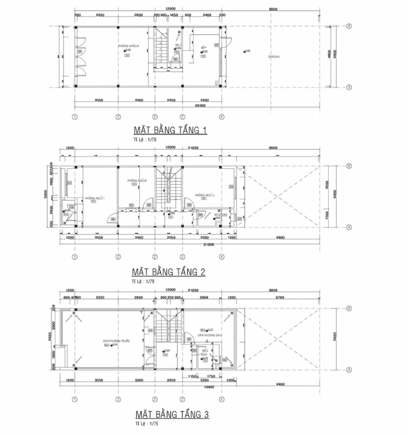 Mặt bằng nhà phố 1 trệt 2 lầu