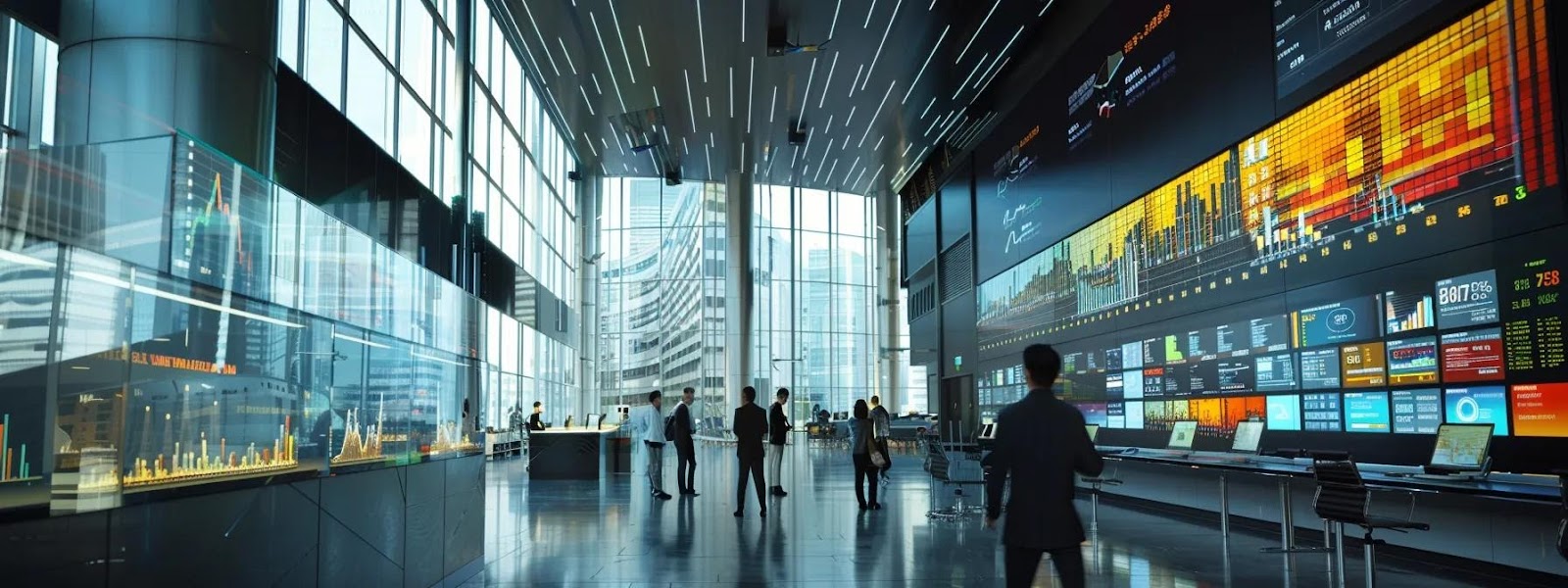 a modern office space filled with high-tech screens displaying colorful graphs and data analytics on keyword trends, set against a backdrop of focused professionals collaborating around a sleek conference table.