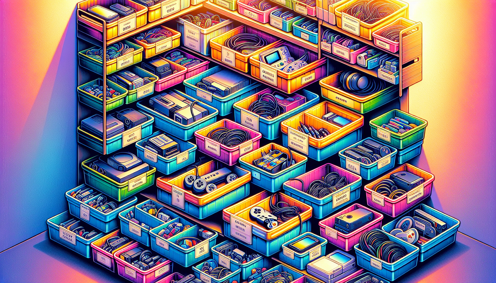 An illustration showing an organized storage unit with labeled boxes for electronics.