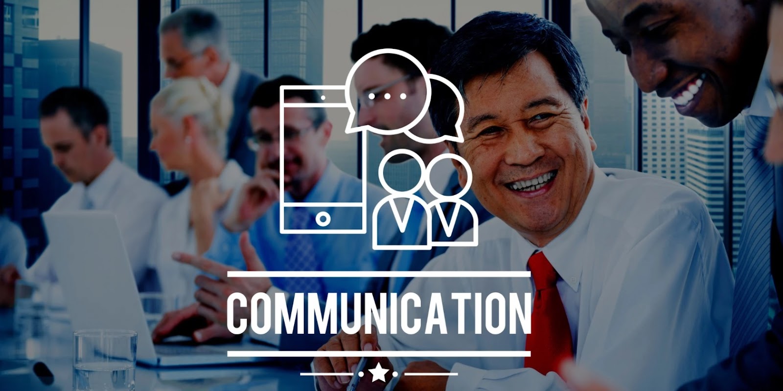 Communication design with employees in the background