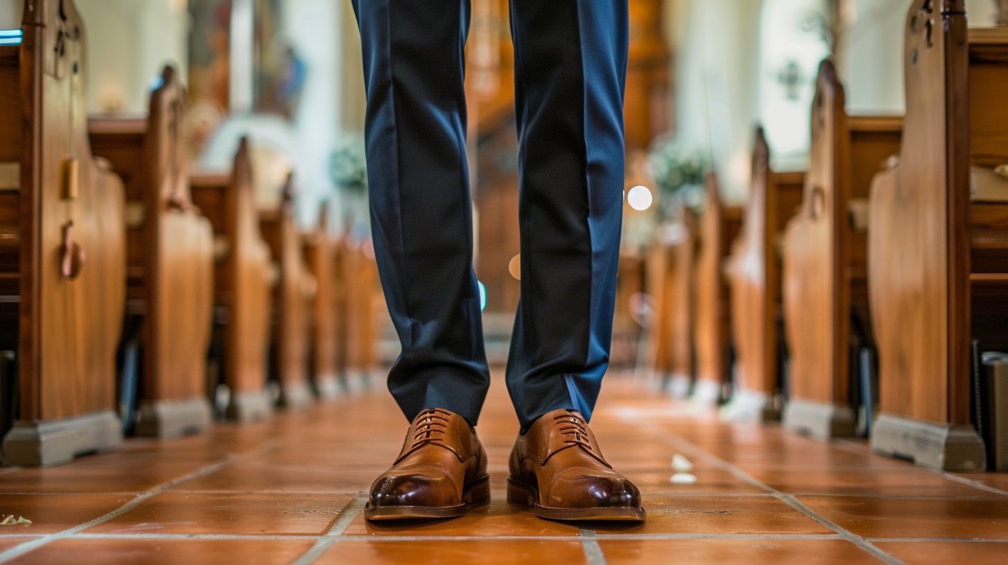 Man wearing a navy blue wedding suit with a white dress shirt, brown leather shoes, and a dark tie, standing in a formal indoor wedding setting like a church or elegant venue. Timeless and polished, ideal for traditional or evening weddings.
