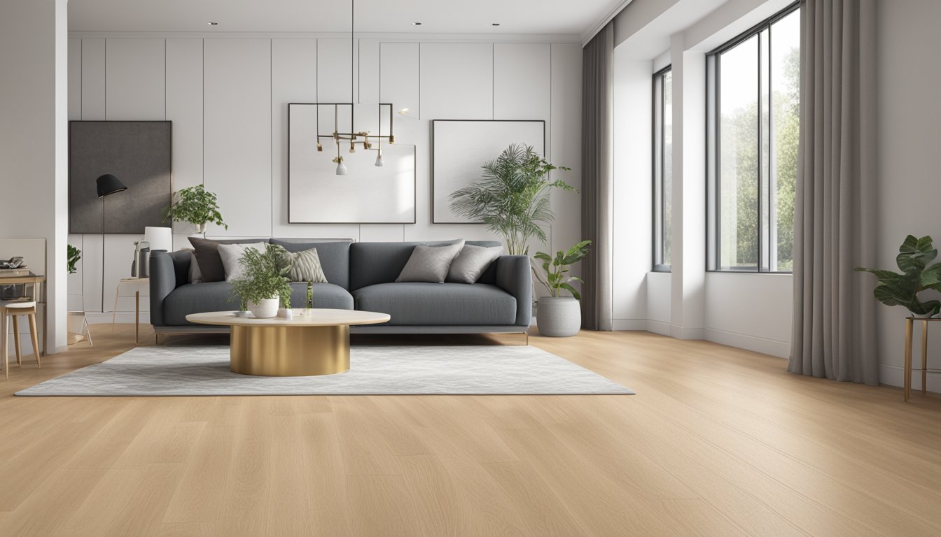 A room with SPC and WPC flooring side by side, showing their differences in texture and thickness. The SPC flooring appears more durable and long-lasting
