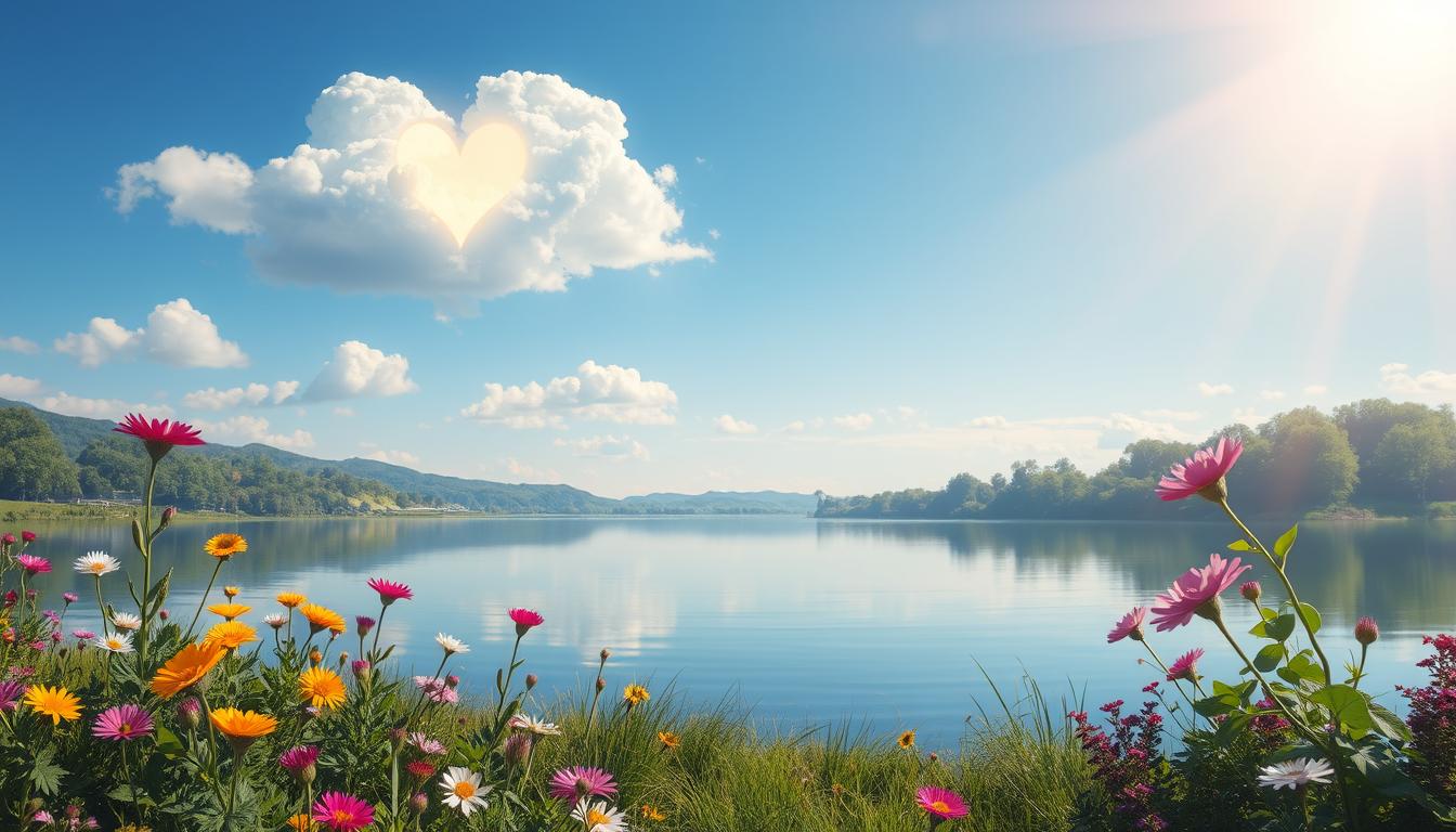 A serene landscape featuring a glowing heart-shaped cloud in a clear blue sky, surrounded by vibrant flowers and lush greenery, with gentle rays of sunshine illuminating a tranquil lake reflecting the scene, symbolizing positivity and attraction.