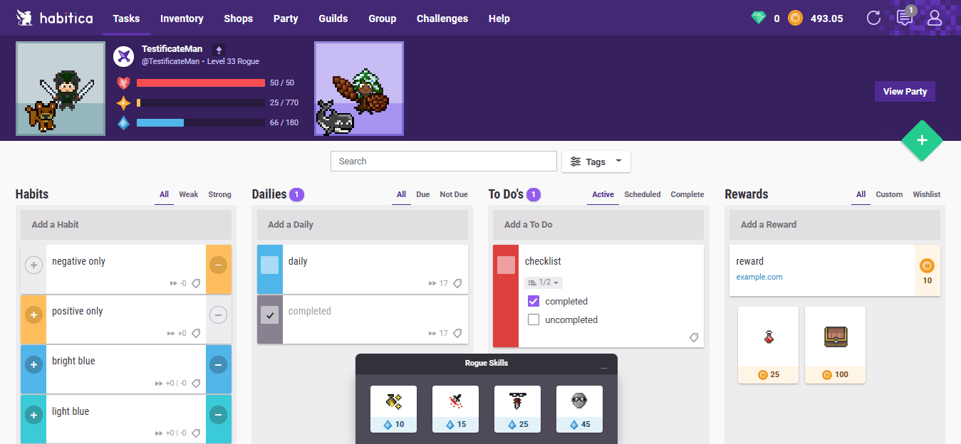 Gamify personal development by completing tasks, earning rewards, and building consistency with Habitica