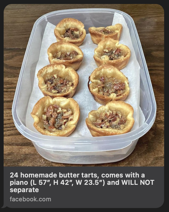 A plastic container with eight homemade butter tarts arranged in two rows, placed on a wooden surface. The butter tarts have golden, flaky pastry crusts with a filling that appears to contain nuts and a caramelized topping. The humorous caption suggests that 24 tarts are available, but they "come with a piano" and "will not separate," implying the items are sold together as a joke.