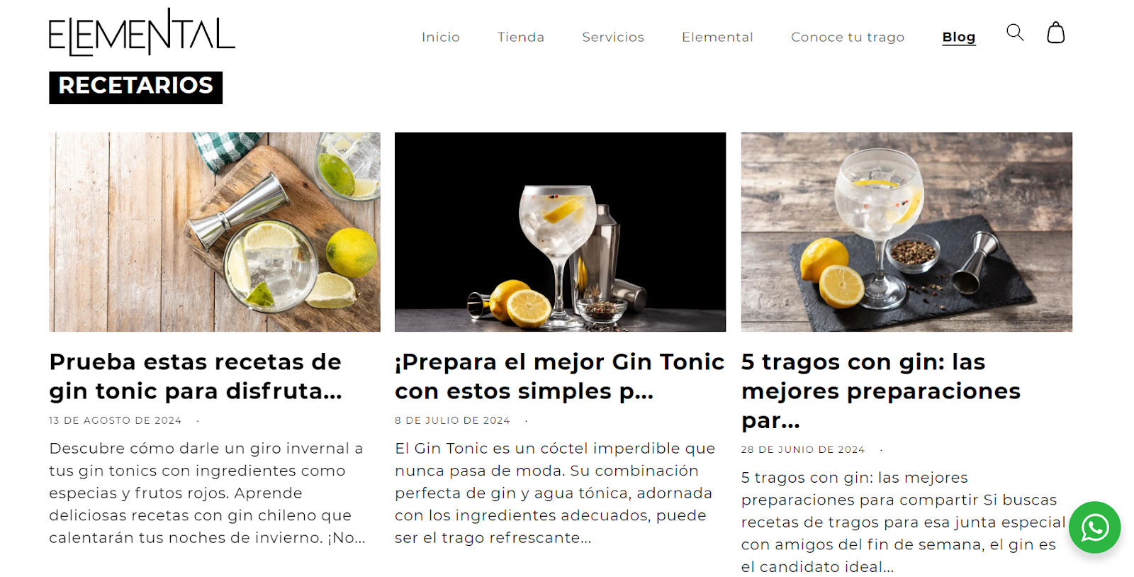 Captura de pantalla del blog de Gin Elemental con recetas de gin tonic, mostrando varios cócteles en vasos junto a rodajas de limón.