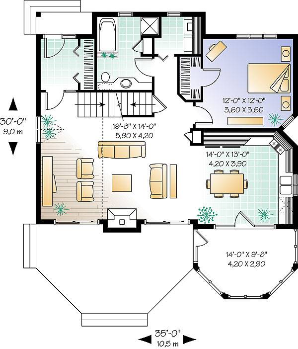 Main level floor plan of a two-story 3-bedroom The Sunburst cottage with foyer, family room, eat-in kitchen, guest room, laundry room, and full bathroom.