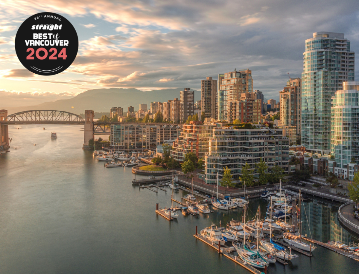 A sunset photo of Vancouver with a Best of Vancouver logo like the sun