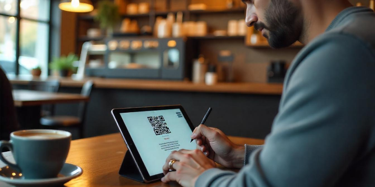 A man working on his tablet at a cafe.