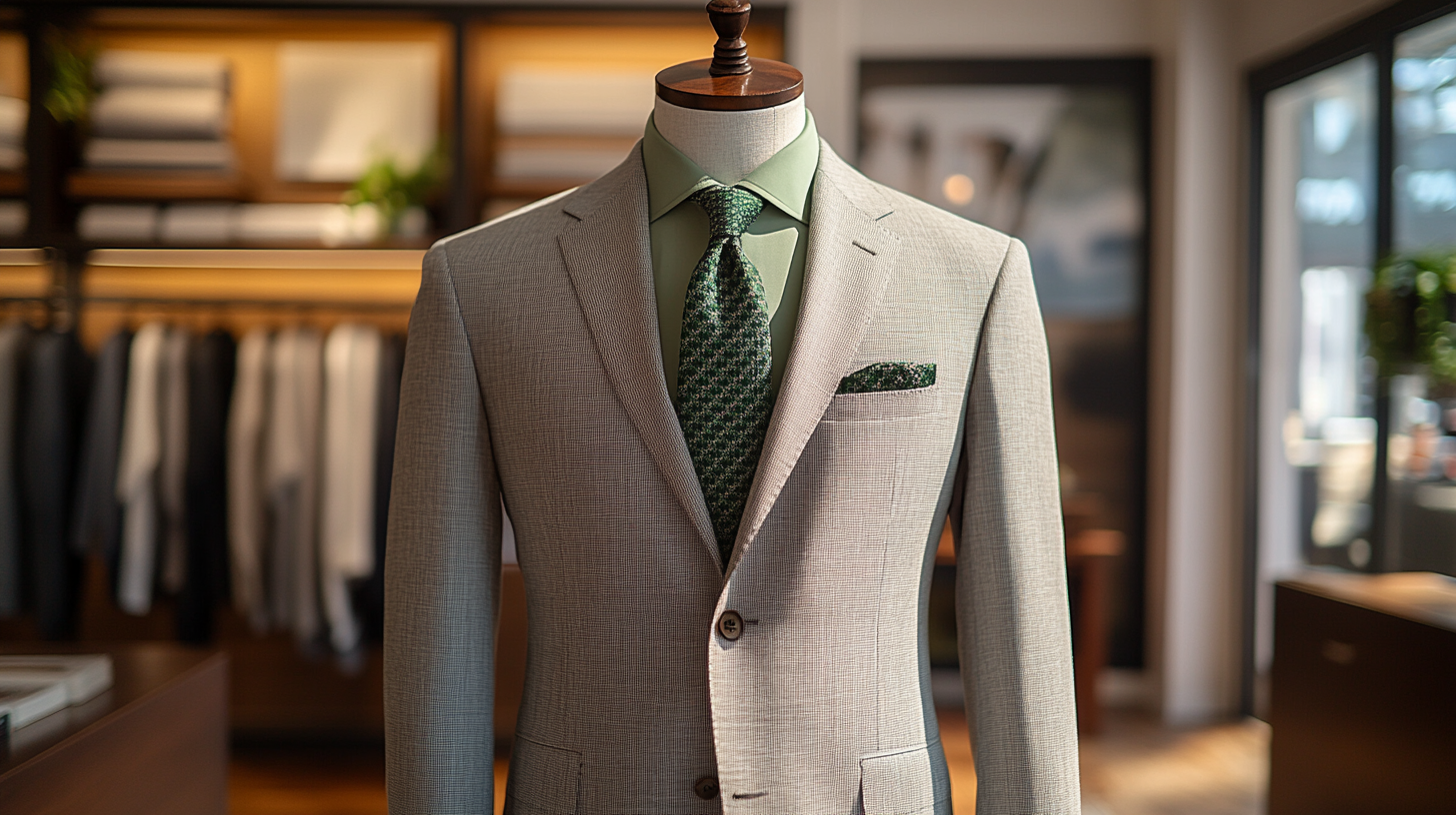 A mannequin in a light gray suit paired with a crisp green shirt, designed for a fresh and stylish office look. The outfit features a complementary green tie, a subtle pocket square, and brown leather dress shoes. The setting is a modern workspace with clean lines and professional ambiance.