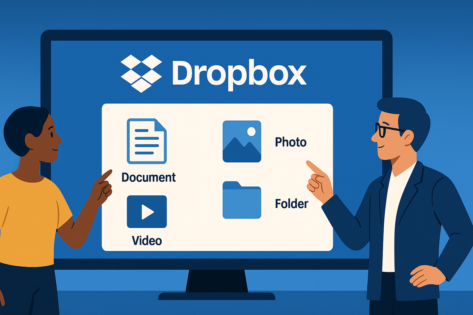 Dropbox overview screen with file icons and labels
