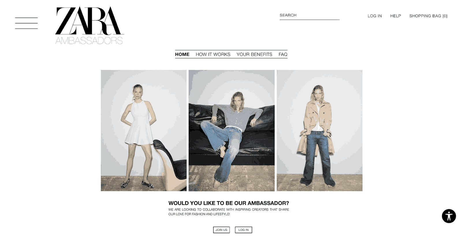 A screenshot of Zara's influencer program