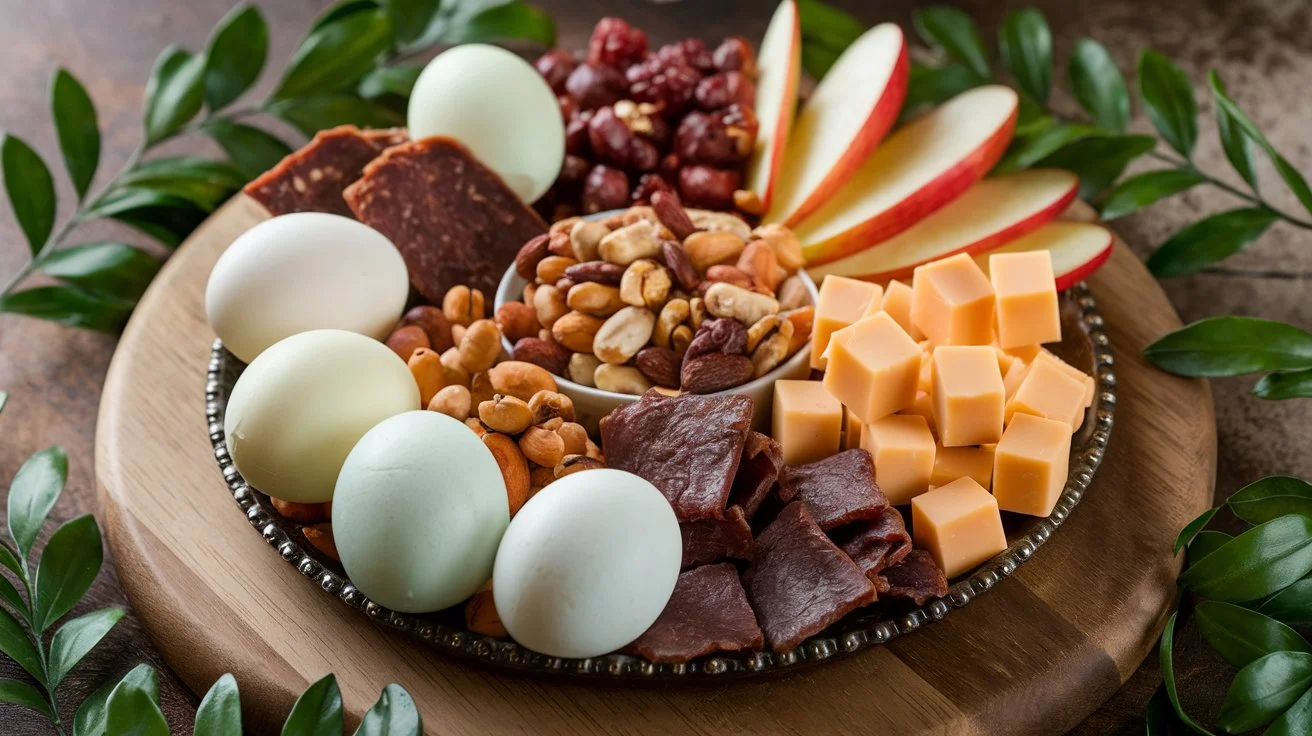 A platter of protein snacks such as hard-boiled eggs, beef jerky, nuts, cheese cubes, and apple slices.