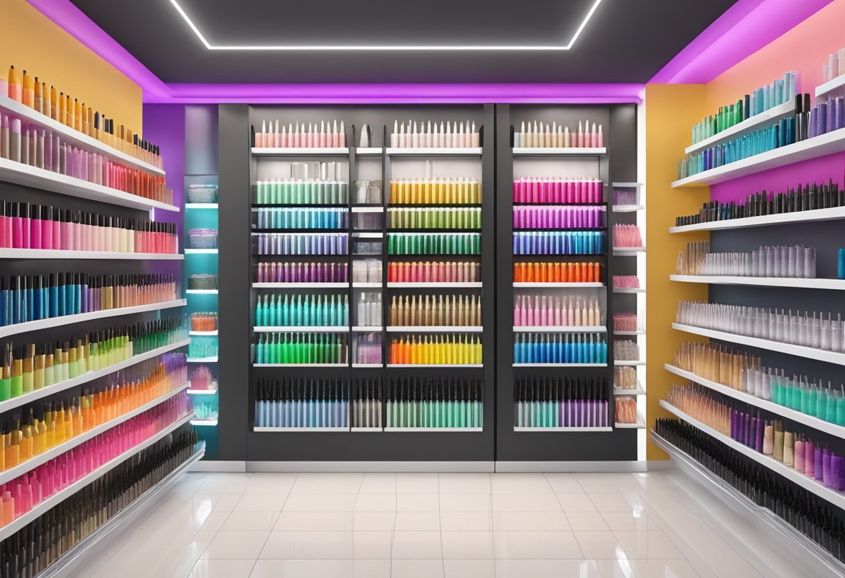 A colorful array of lash serums, mascaras, and falsies displayed on modern shelves in a trendy beauty salon in Hackensack