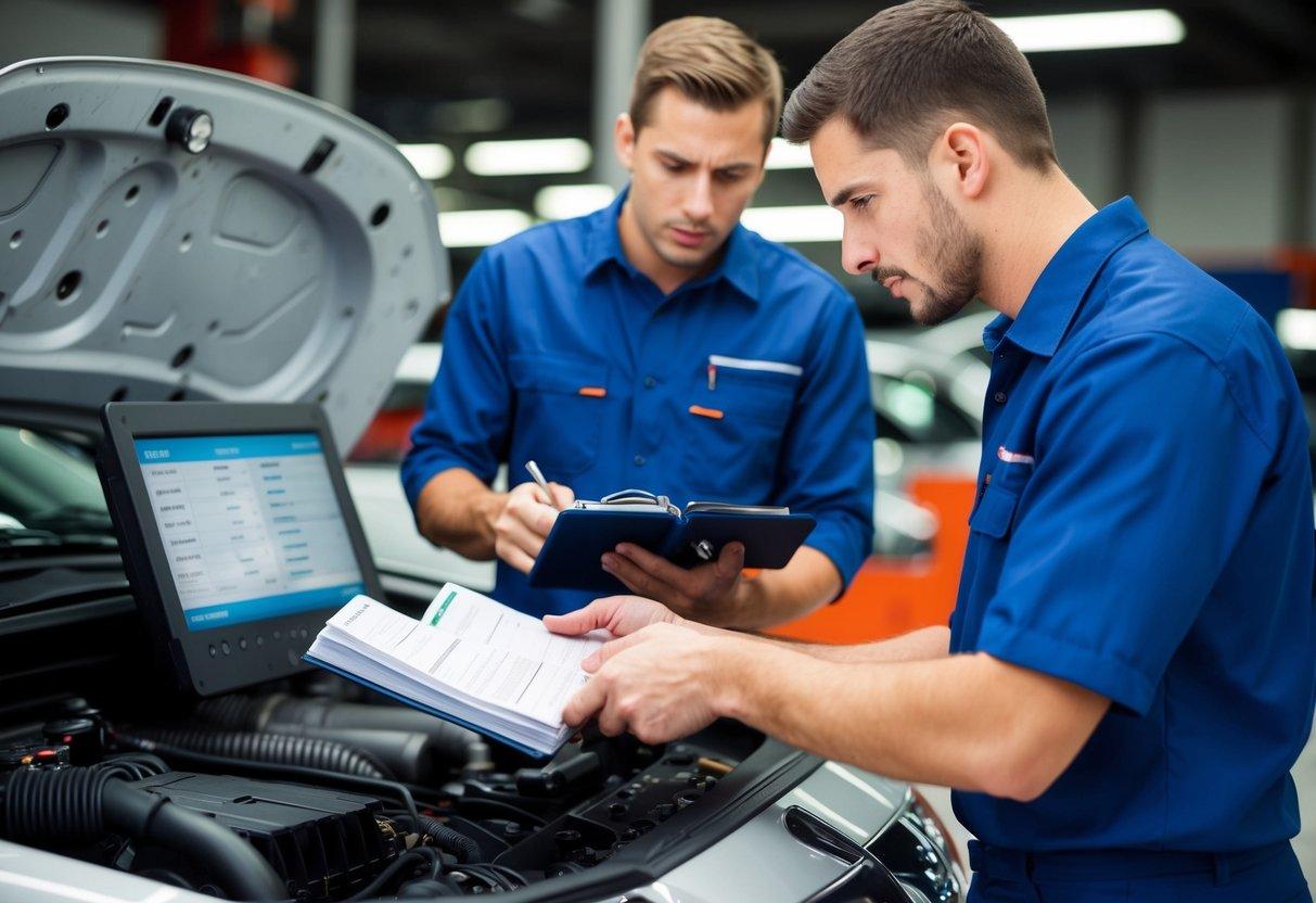 A mechanic using a Workshop Manual to diagnose and repair a car with Diagnostic Trouble Codes displayed on a screen