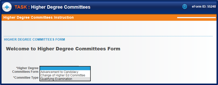 Qualifying Examination selected from "Higher Degree Committees Form" dropdown.