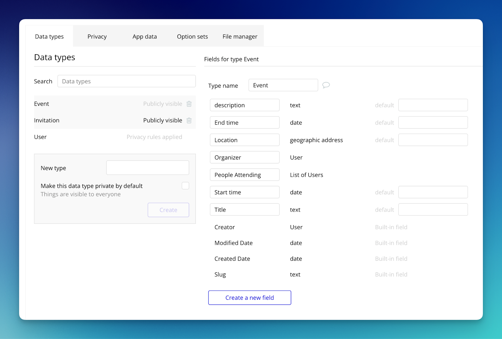 Adding field types for the Event data type on Bubble