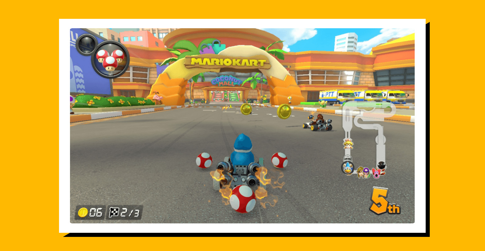 Screenshot of Mario Kart 8 Deluxe gameplay with a stylized yellow border