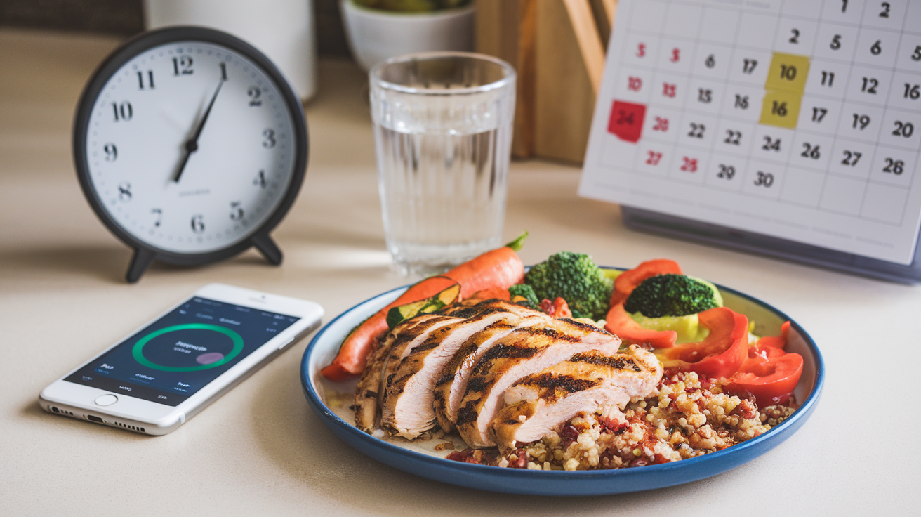 Create a realistic image of a kitchen countertop with a clock showing 12:00 PM, a plate with a healthy meal (grilled chicken, vegetables, and quinoa), and a smartphone displaying a fasting app timer. Include a glass of water and a calendar marked with eating windows in the background to represent intermittent fasting.
